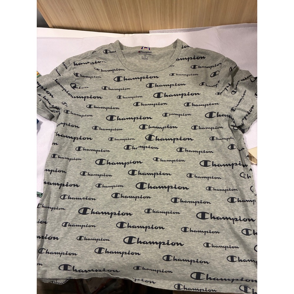 Champion Mens All Over Print Logo T-Shirt Gray Short Sleeve Crew Neck 2XL